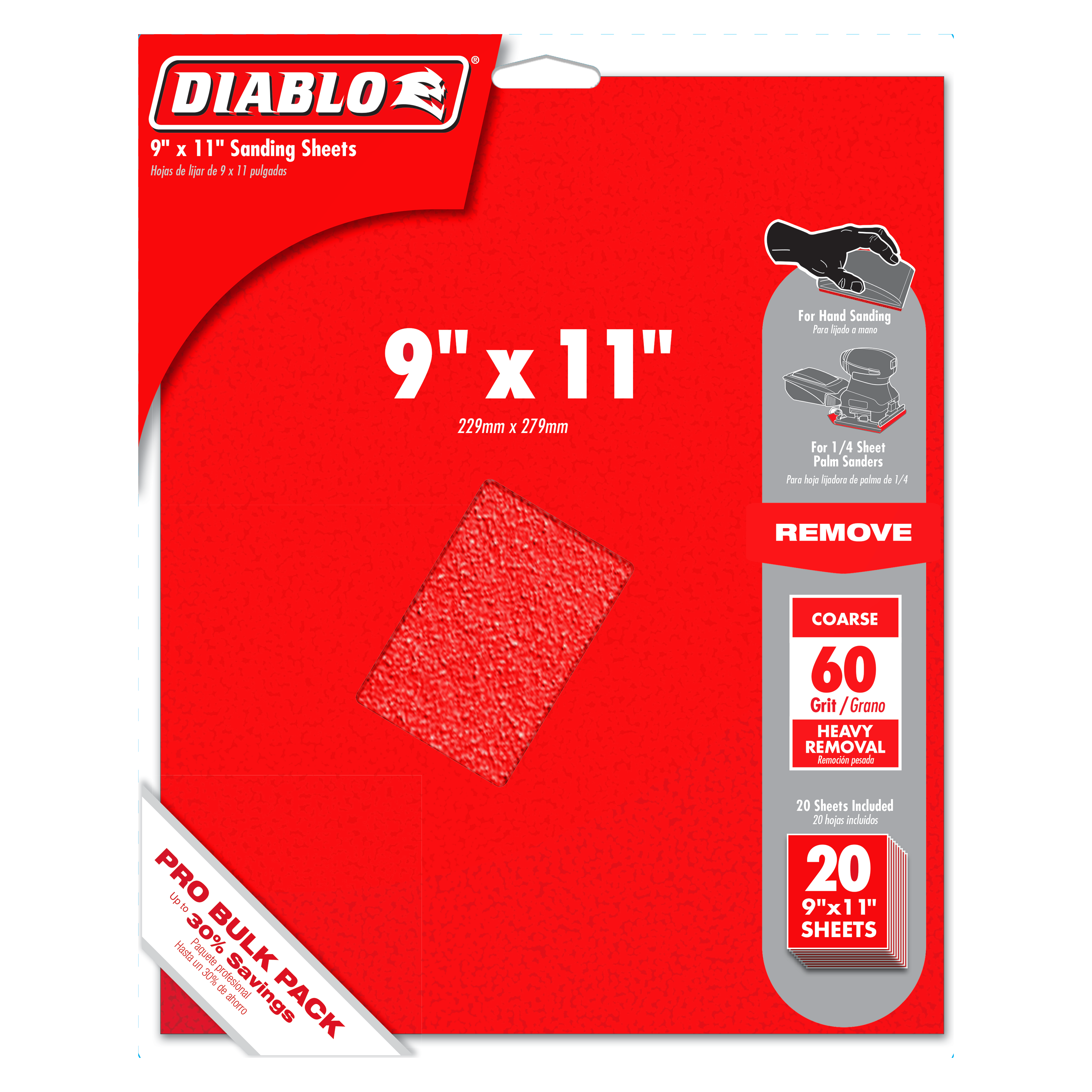 Red packaging for Diablo 9" x 11" coarse 60-grit sanding sheets with visible red textured sanding sheet sample and product de