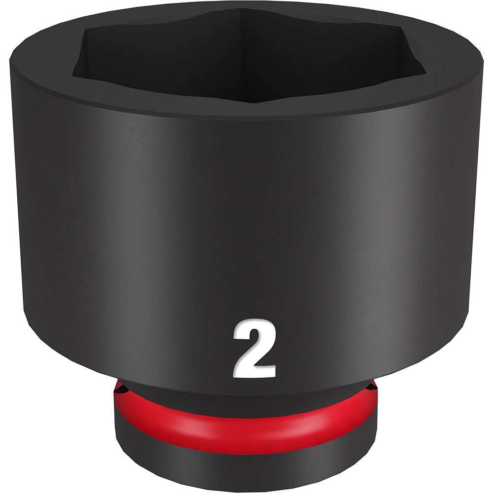Black 3/4" drive socket with 6-point opening, marked with number 2 and red grip band at base.