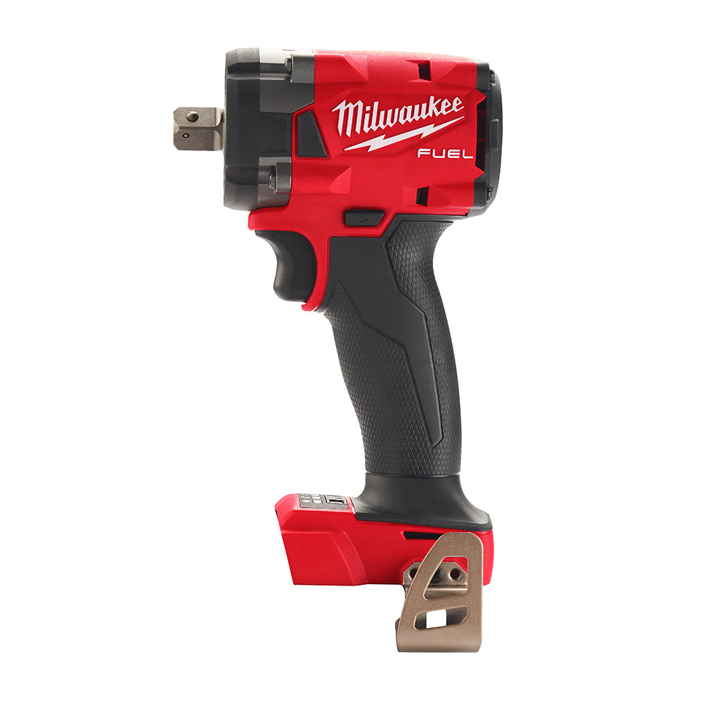 Milwaukee M18 FUEL compact impact wrench with red body, black grip, and pin detent socket attachment, shown without battery.