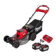 Red and black self-propelled lawn mower with dual battery pack and dual battery charger included.