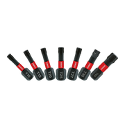Seven black Torx security drive bits with red bands arranged in a row, labeled T10 through T25.