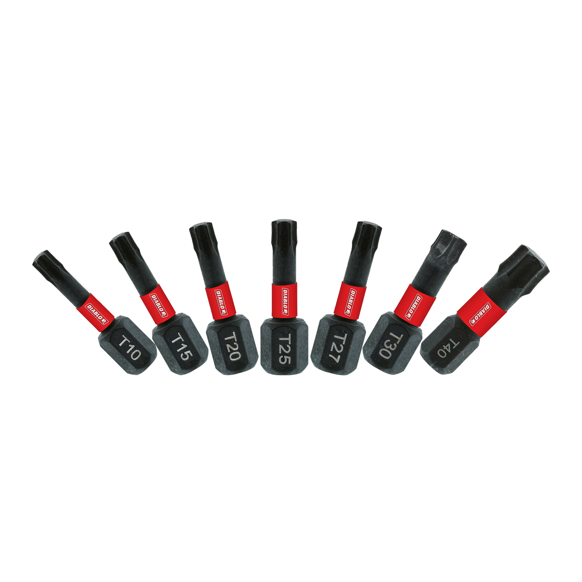 Seven black Torx security drive bits with red bands arranged in a row, labeled T10 through T25.
