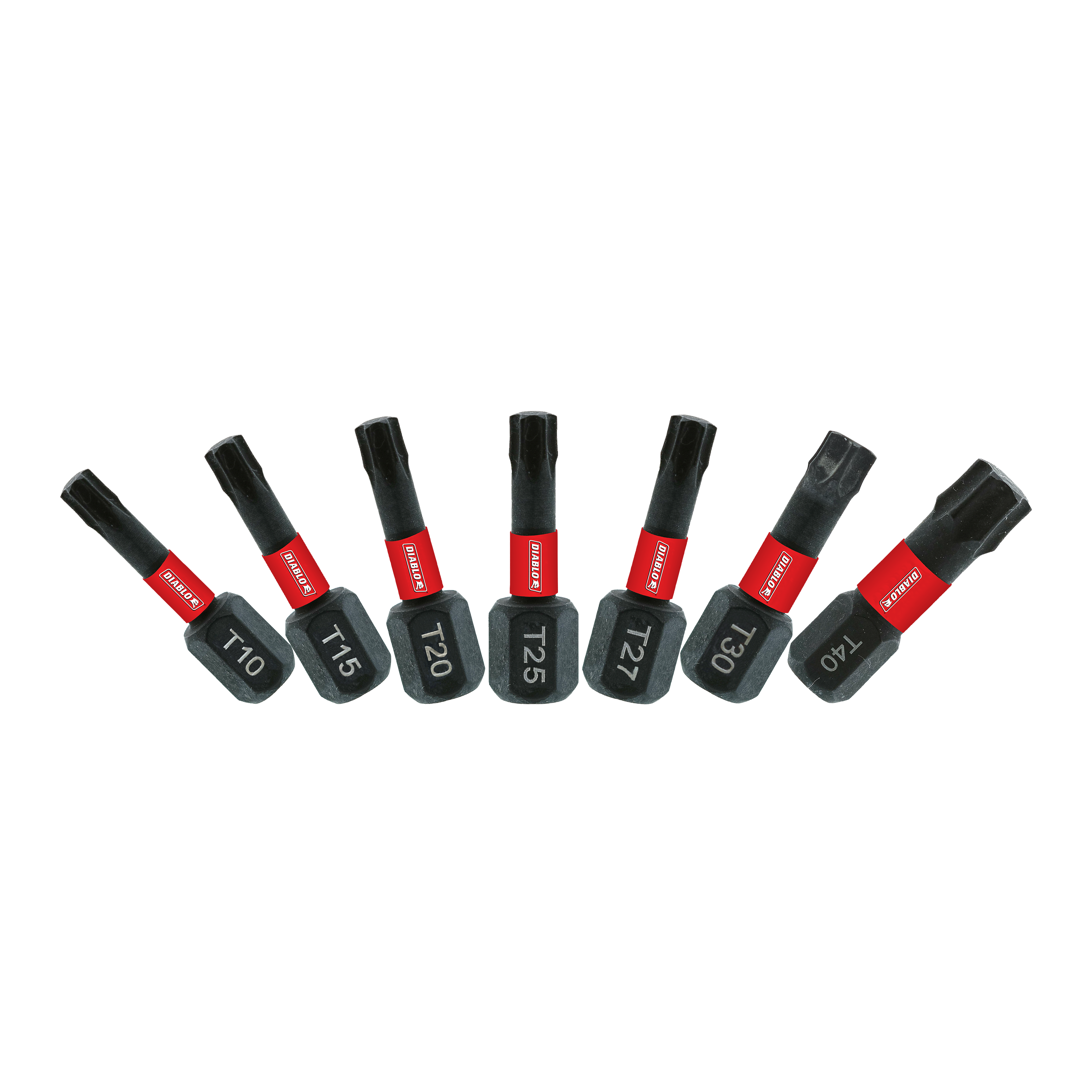 Seven black Torx drive bits with red bands, labeled T10 through T25, arranged in a row.