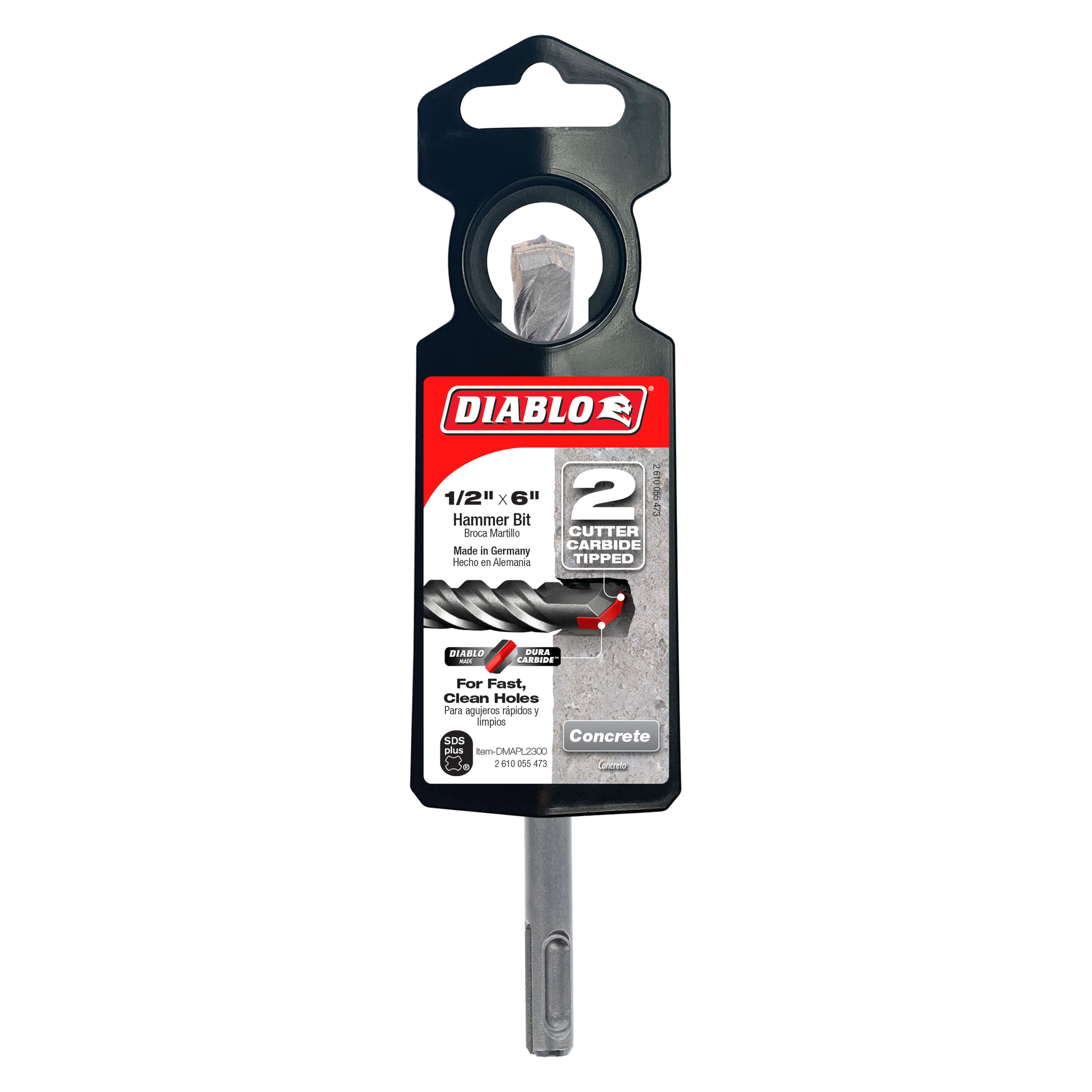 Diablo 1/2 inch by 6 inch SDS-Plus hammer bit with 2 carbide cutters in black packaging.