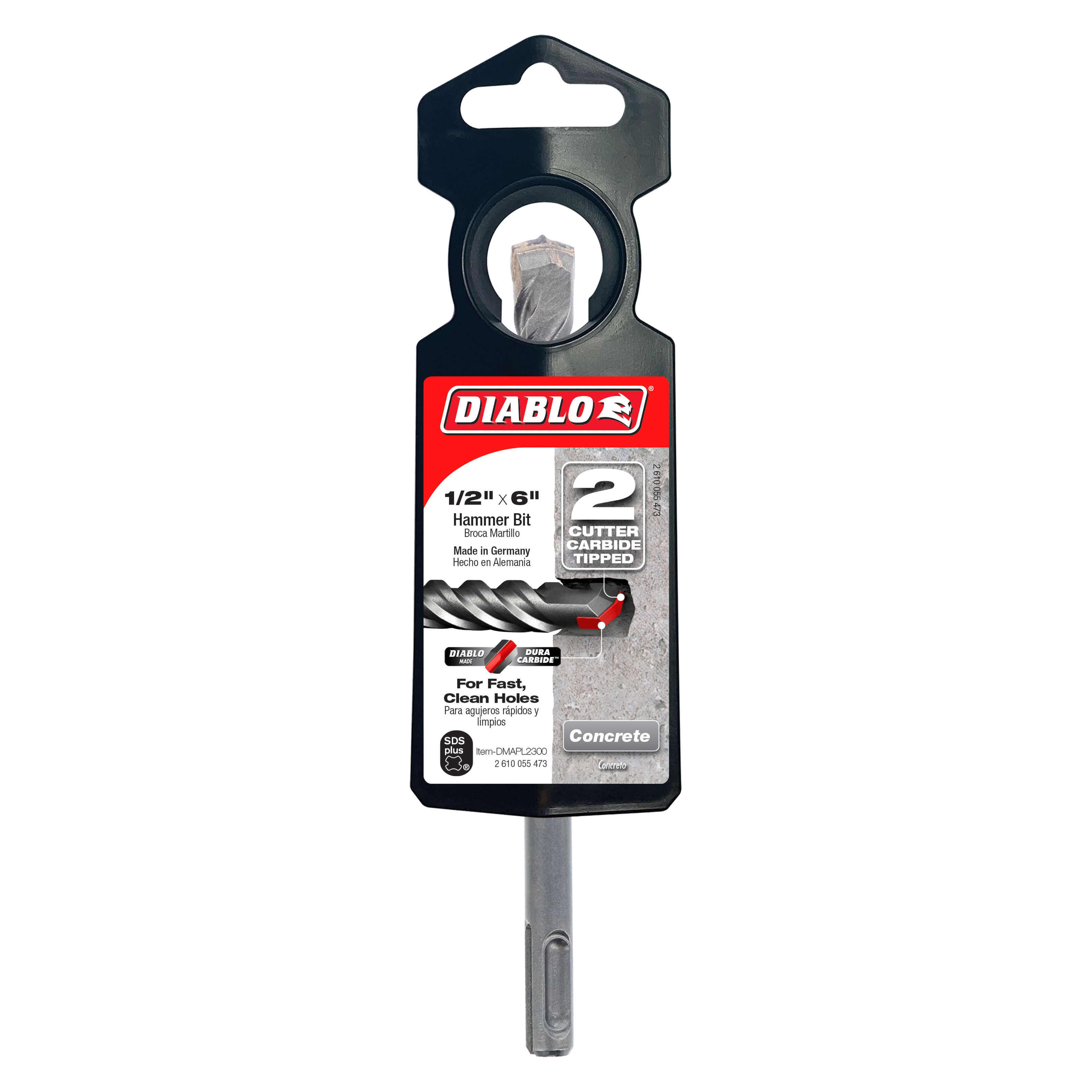 Diablo 1/2 inch by 6 inch SDS-Plus hammer bit with 2 carbide cutters in black packaging.