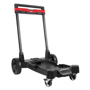 Red and black Milwaukee vacuum cart with gray frame, dual wheels, and caster wheels, viewed from front angle.