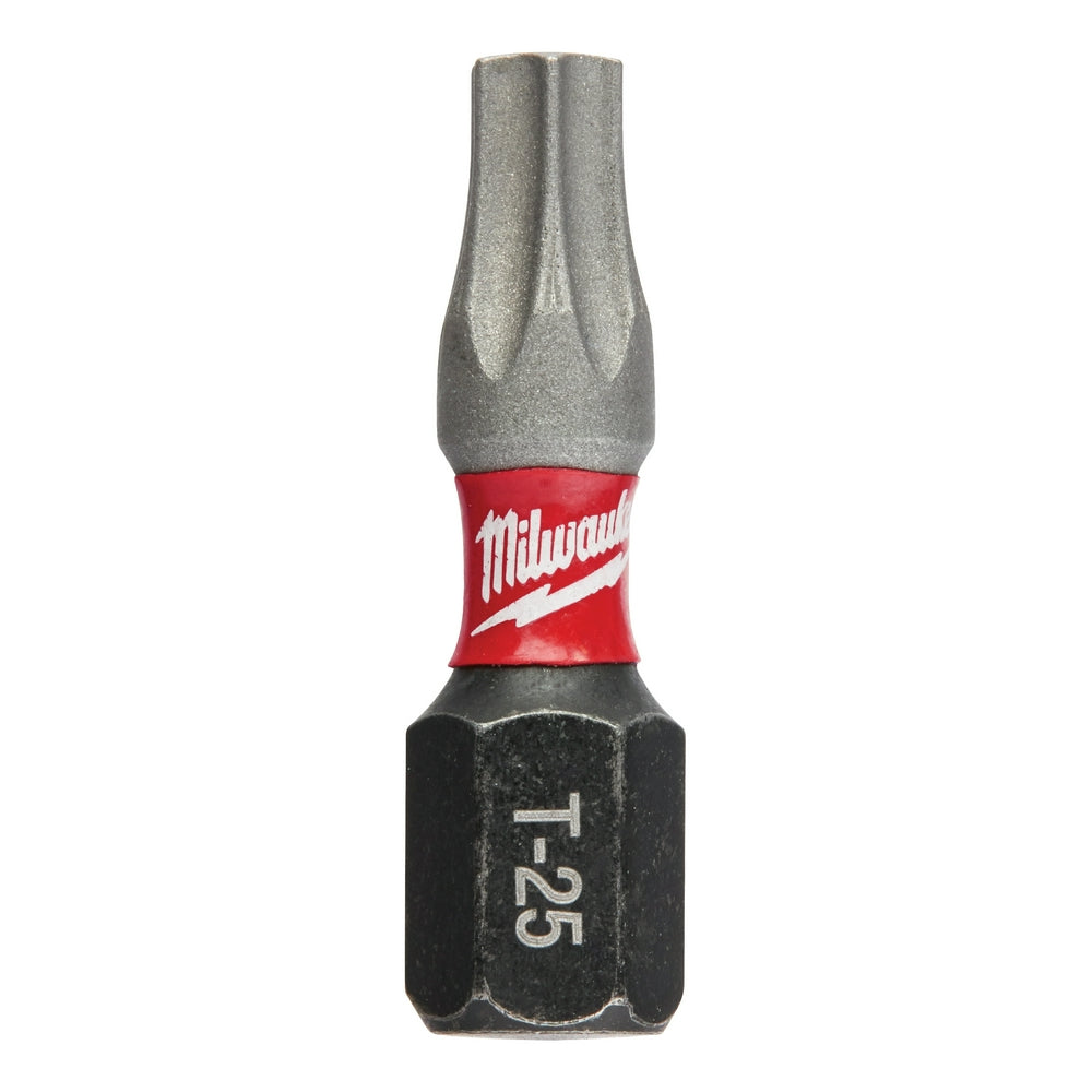 Single Milwaukee Shockwave T25 Torx insert bit with gray tip, red band, and black hex body marked "T-25".