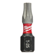 Single Milwaukee Shockwave T25 Torx insert bit with gray tip, red band, and black hex body marked "T-25".
