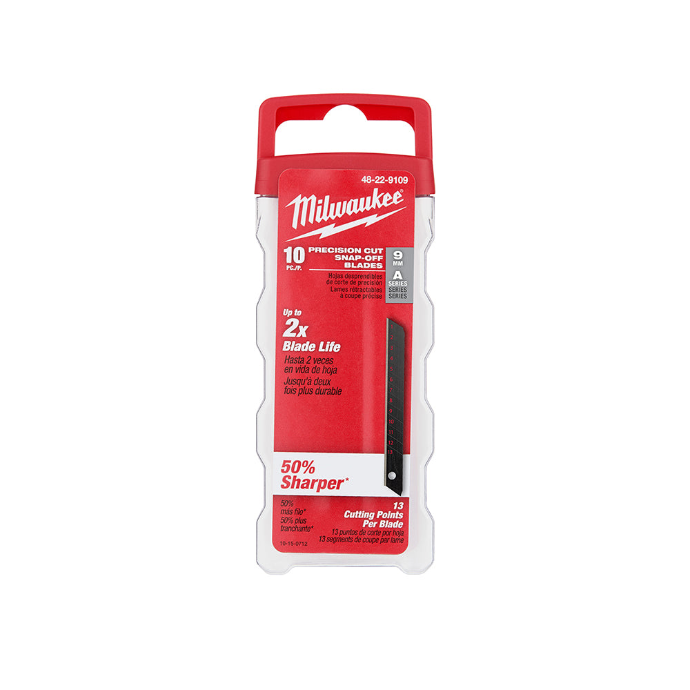 Milwaukee 48-22-9109 pack of 10 black precision snap-off blades with red and clear packaging.