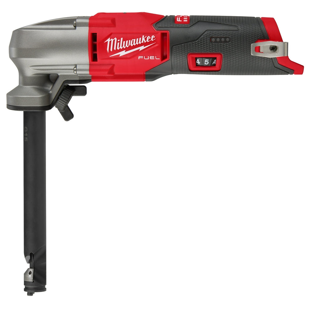 Milwaukee M12 FUEL nibbler with red and black housing, metal cutting head, trigger handle, and extended black shaft.