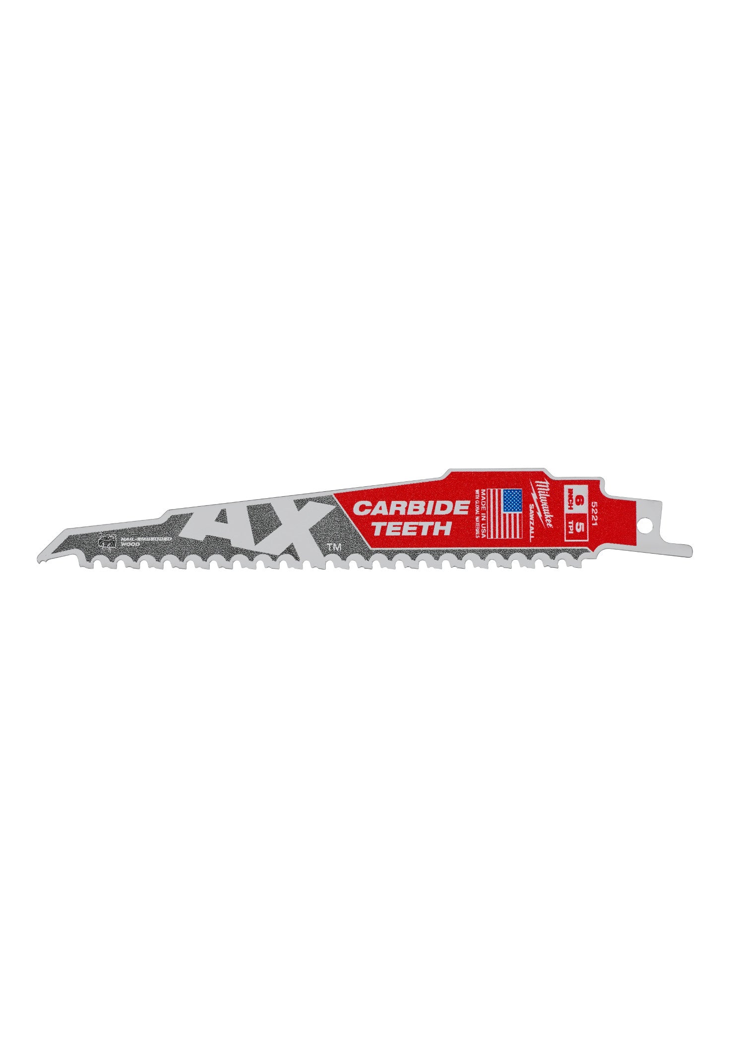 Milwaukee Ax SAWZALL blade with carbide teeth, red and gray metal construction, 6 inch length.