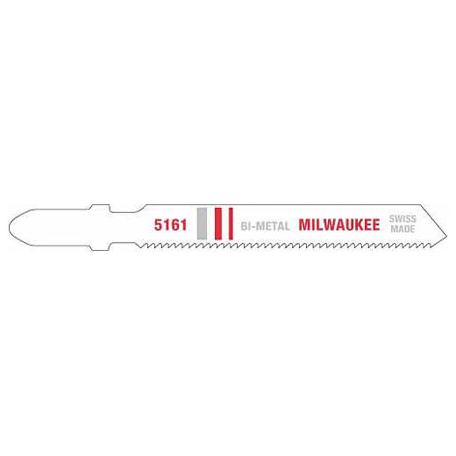 Milwaukee bi-metal jig saw blade with fine teeth and model number 5161 printed on shank.
