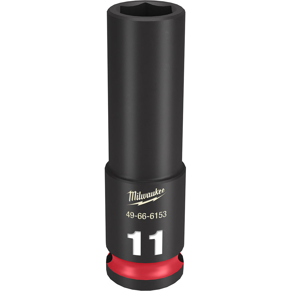 Black Milwaukee 11MM deep socket with 6-point hexagonal opening and red grip band at base.