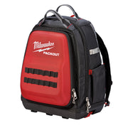 Red and black Milwaukee PACKOUT backpack with padded straps, multiple pockets, and tool organizer loops on front panel.