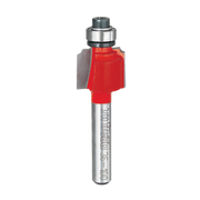 Router bit with red cutting head, silver metal shaft, and ball bearing guide at top.