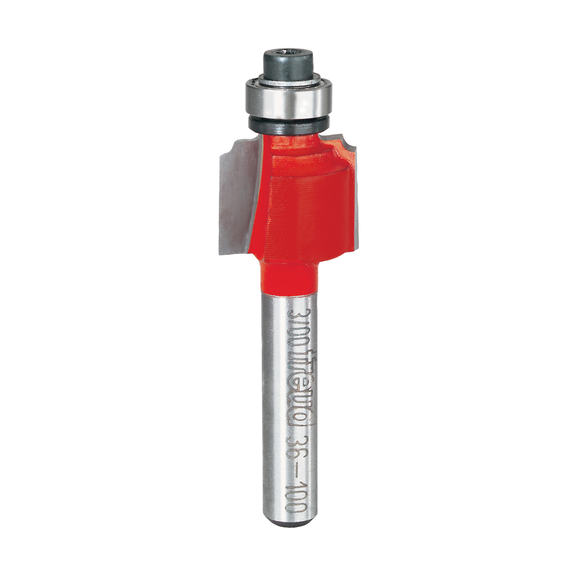 Router bit with red cutting head, silver metal shaft, and ball bearing guide at top.