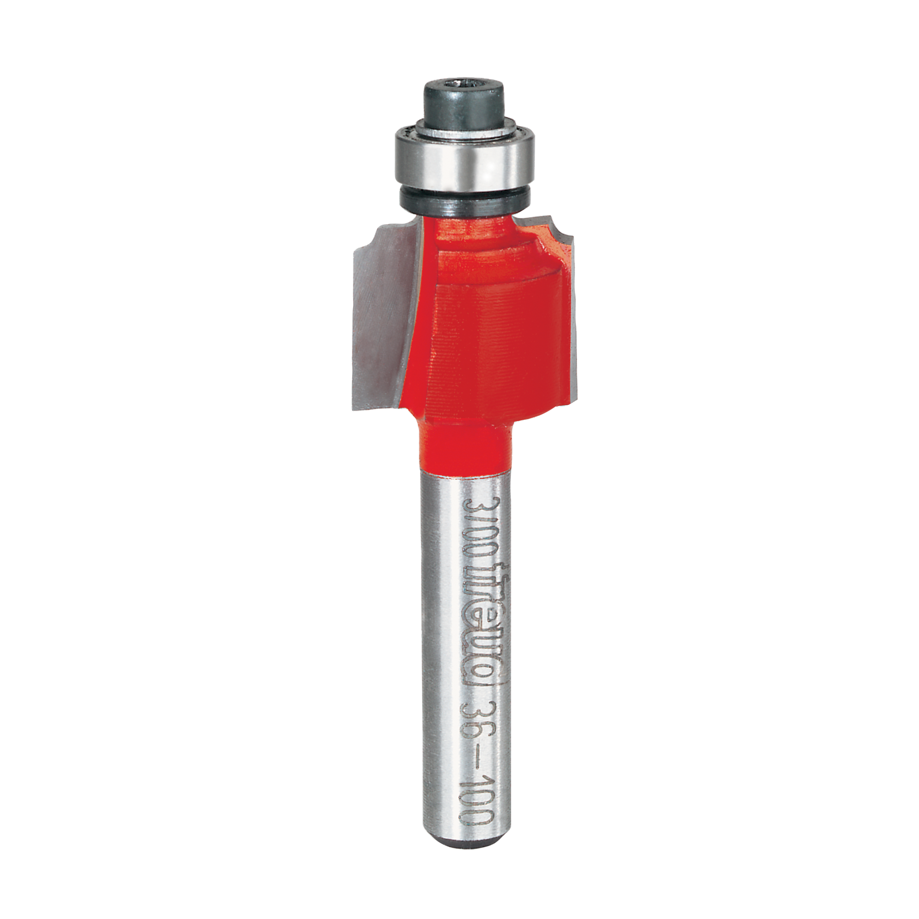 Router bit with red cutting head, silver metal shaft, and ball bearing guide at top.