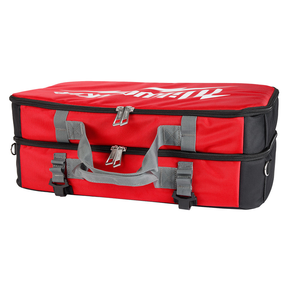 Red and black Milwaukee vacuum tool storage bag with gray handles and dual zippered compartments.
