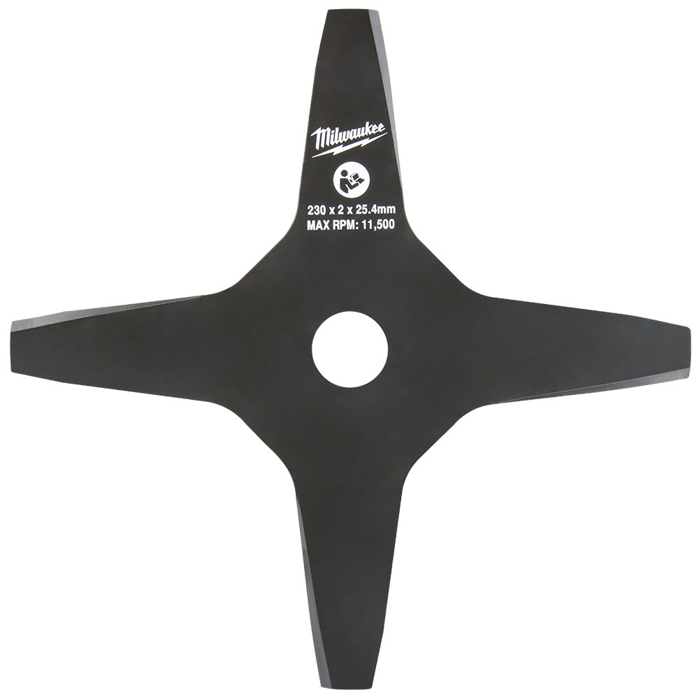 Black four-blade brush cutter blade with center mounting hole, 230 x 2 x 25.4mm, rated for 11,500 max RPM.