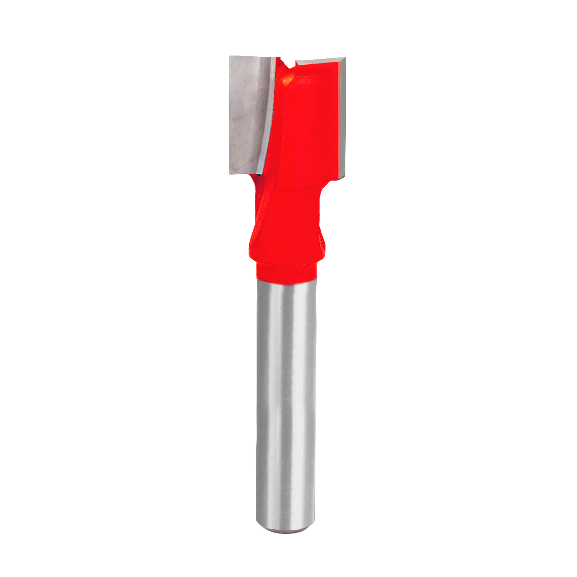Mortising bit with red cutting head and gray metal shaft.