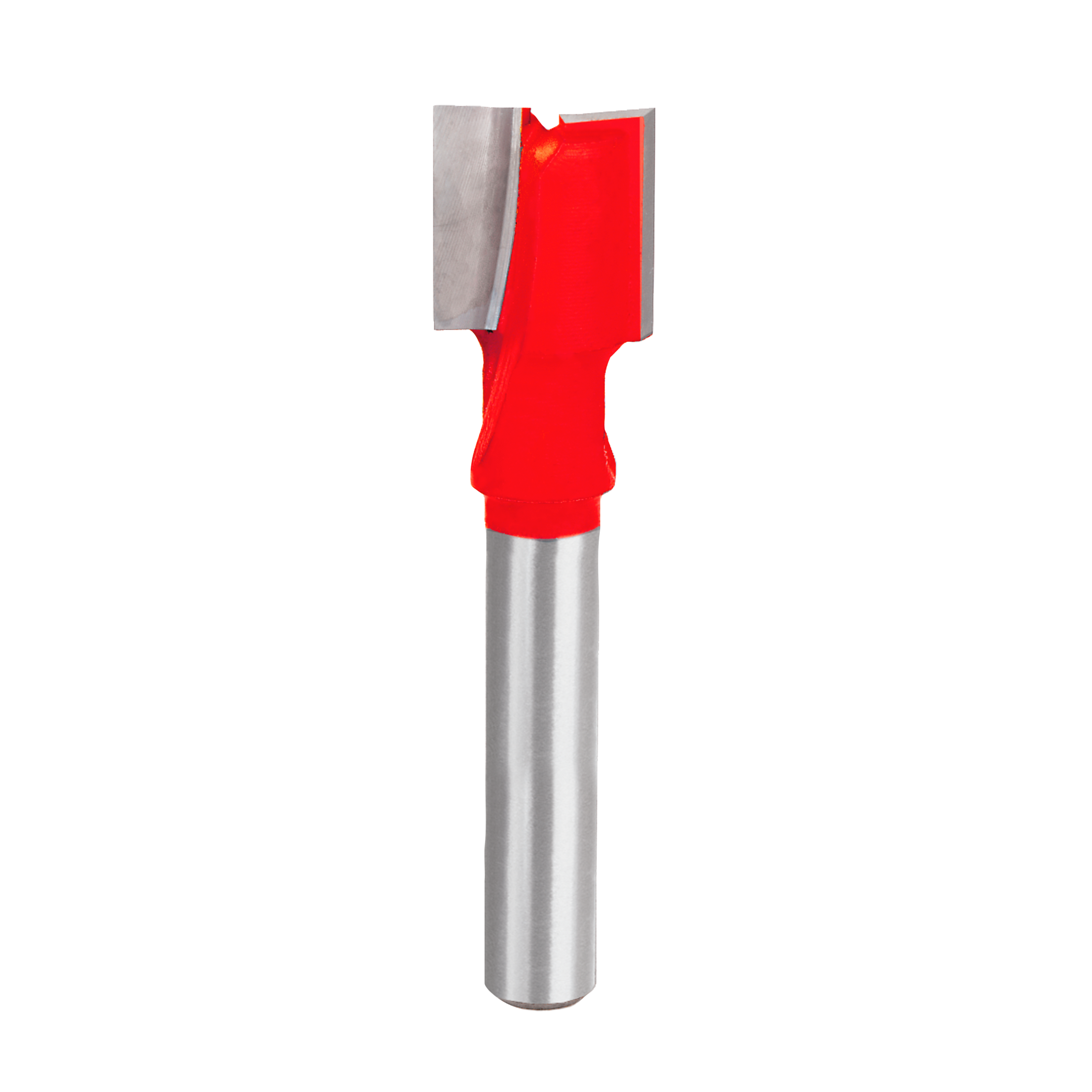 Mortising bit with red cutting head and gray metal shaft.