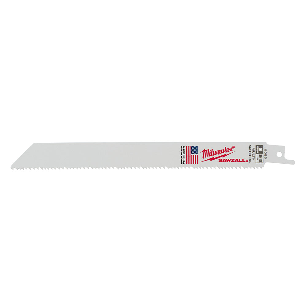 Milwaukee SAWZALL reciprocating saw blade with serrated cutting edge and mounting hole on handle end.