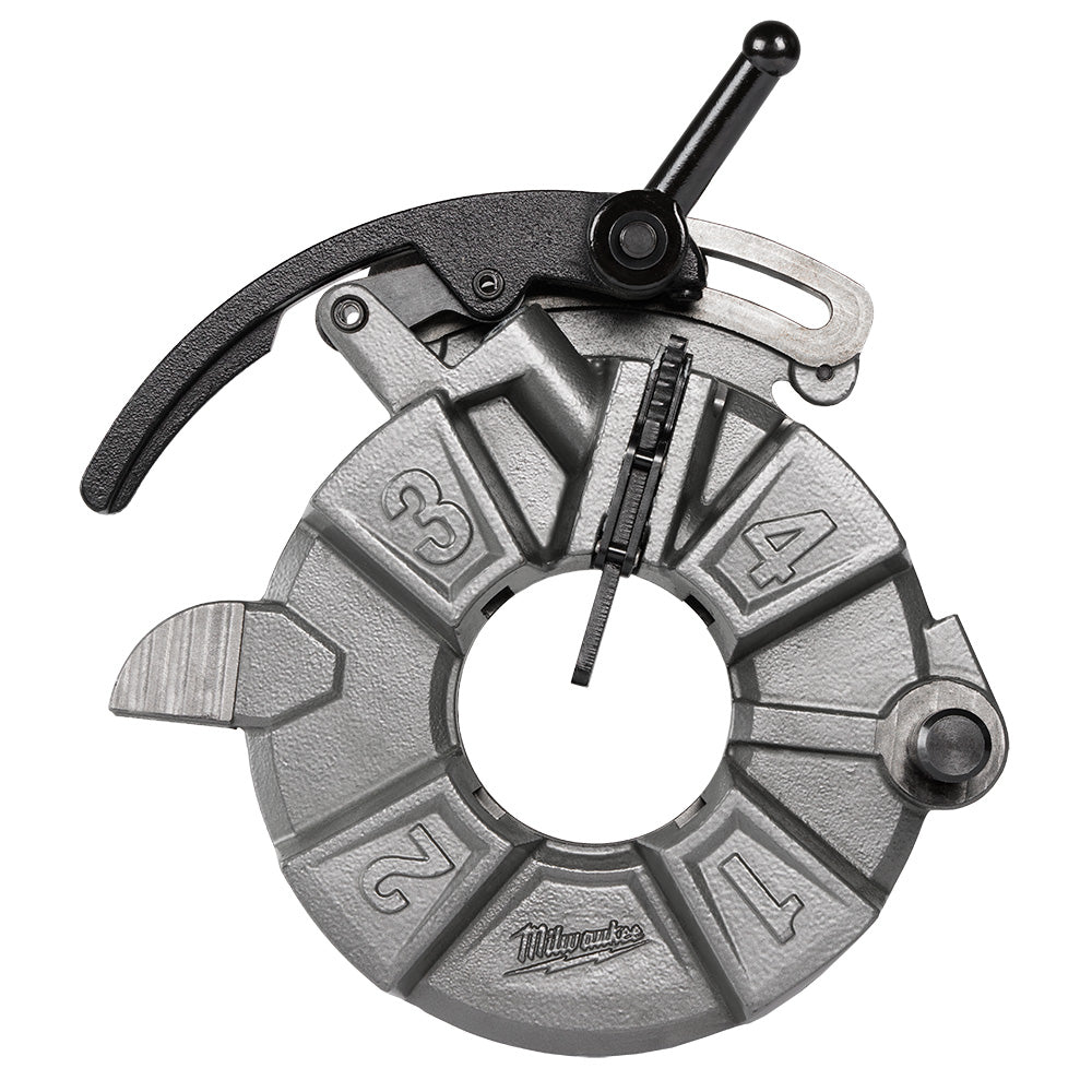 Black and silver Milwaukee pipe threading die head with numbered dies, adjustment screw, and lever handle on white background