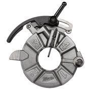 Black and silver Milwaukee pipe threading die head with numbered dies, adjustment screw, and lever handle on white background