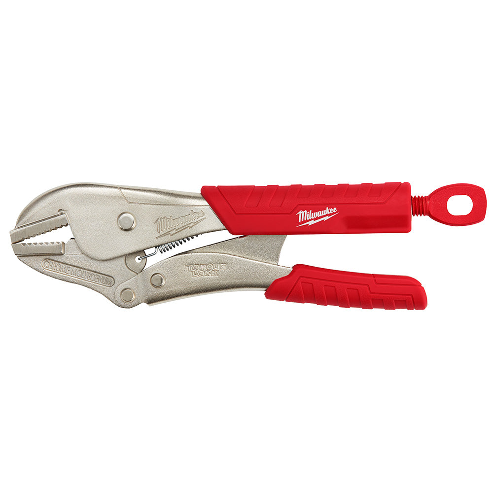 Milwaukee 10-inch straight jaw locking pliers with metal body and red textured rubber grip handles.