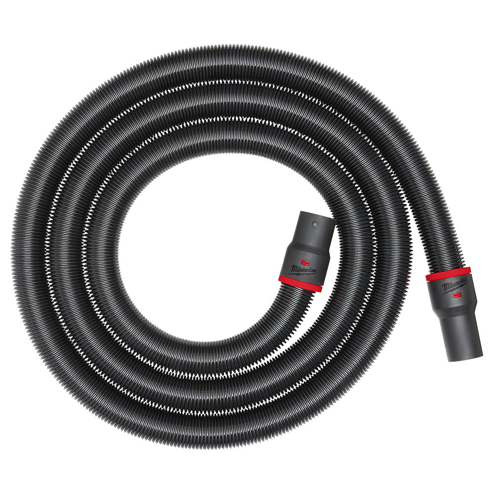 Black ribbed flexible hose coiled with black connectors featuring red band accents on each end.