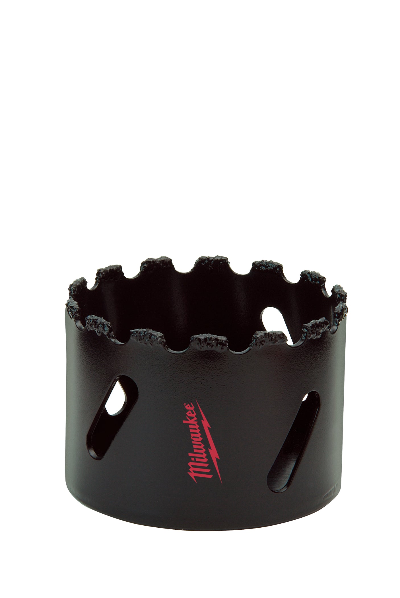Black cylindrical hole saw with jagged carbide grit cutting edge and three cooling slots on the side.