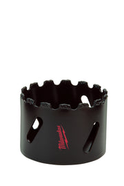 Black cylindrical hole saw with jagged carbide grit cutting edge and three cooling slots on the side.