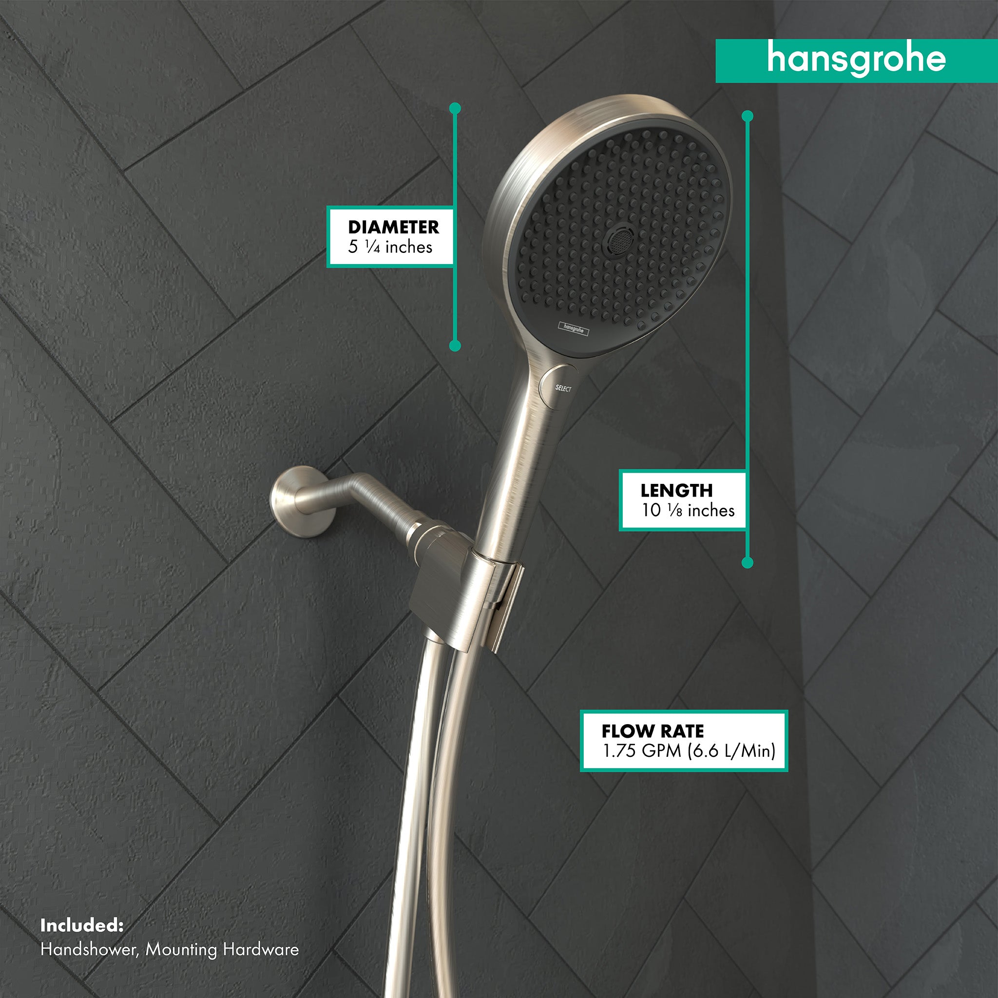 Brushed nickel handheld showerhead with 5.25-inch circular face and 10.5-inch handle, mounted on tile wall.