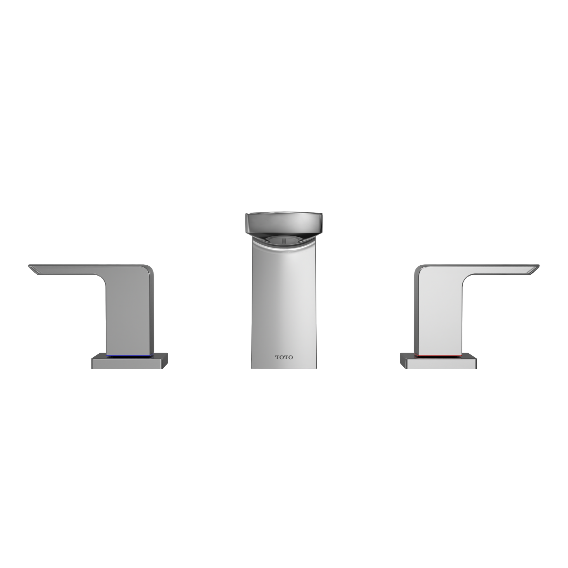 Polished chrome two-handle deck-mount Roman tub filler with central spout and angular lever handles on either side.