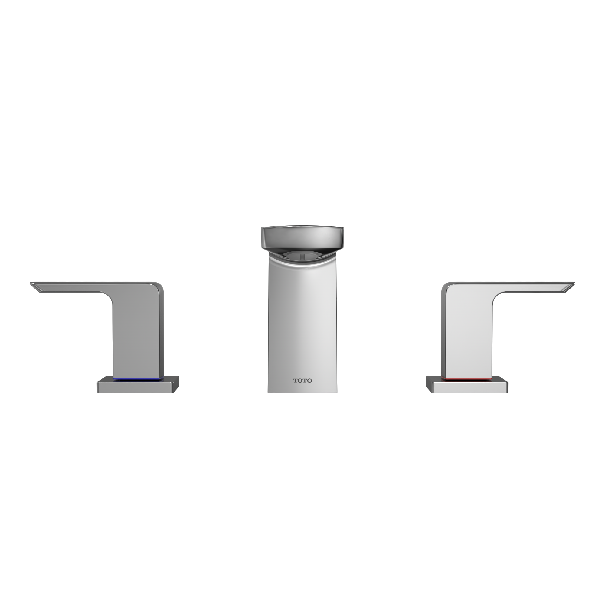 Polished chrome two-handle deck-mount Roman tub filler with central spout and angular lever handles on either side.