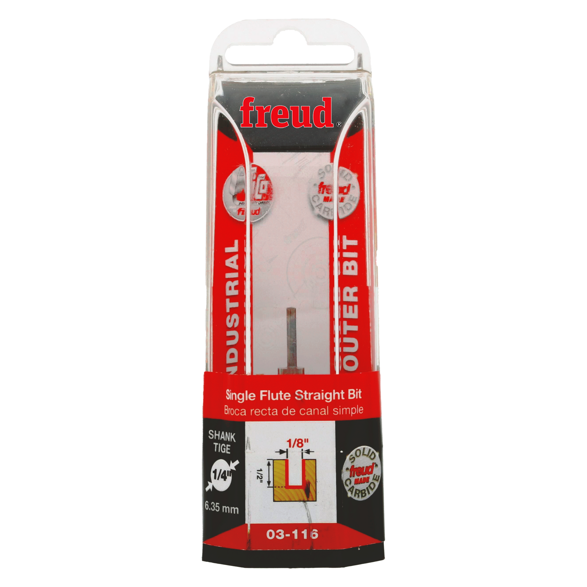 Freud 1/8" diameter single flute straight router bit in red and black retail packaging with shank and cutting specifications 