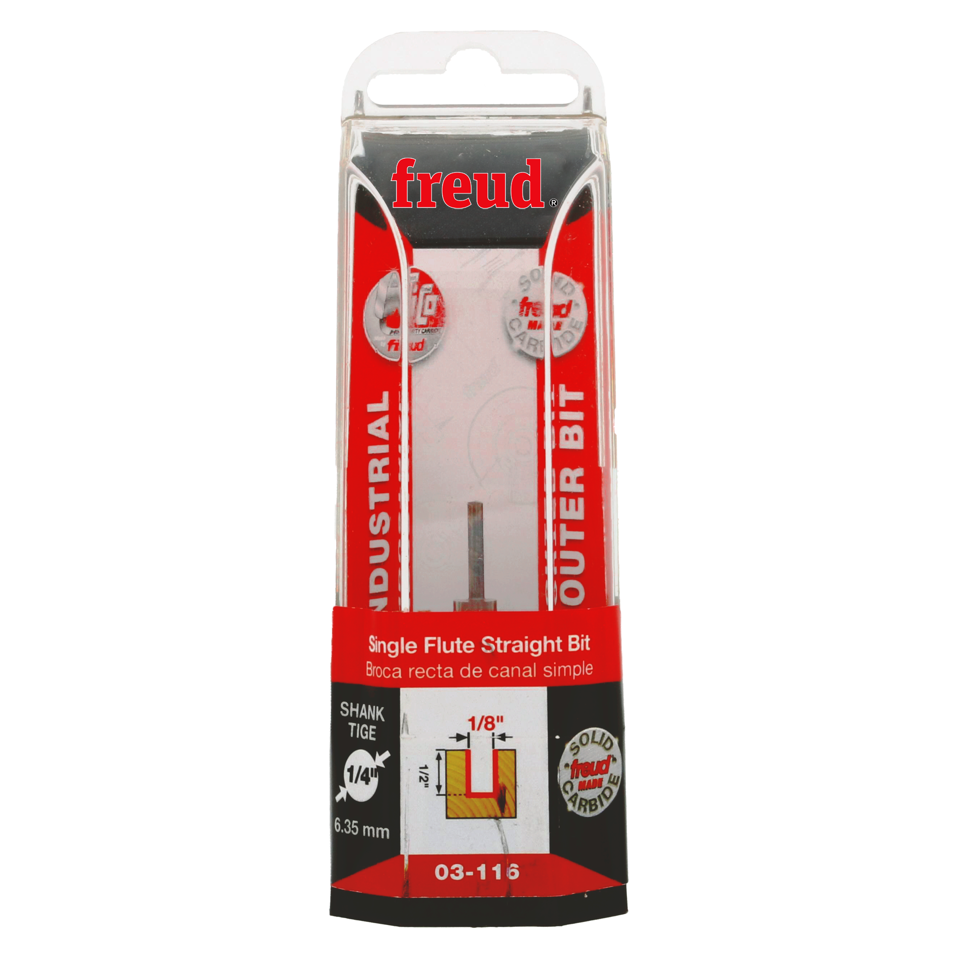 Freud 1/8" diameter single flute straight router bit in red and black retail packaging with shank and cutting specifications 