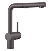 Dark gray pull-out kitchen faucet with angular spout and single lever handle on white background.