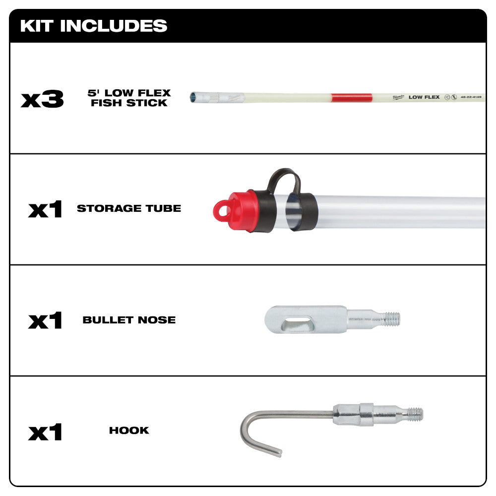 Three 5-foot low flex fish sticks with red handles, storage tube, bullet nose, and hook attachment included.