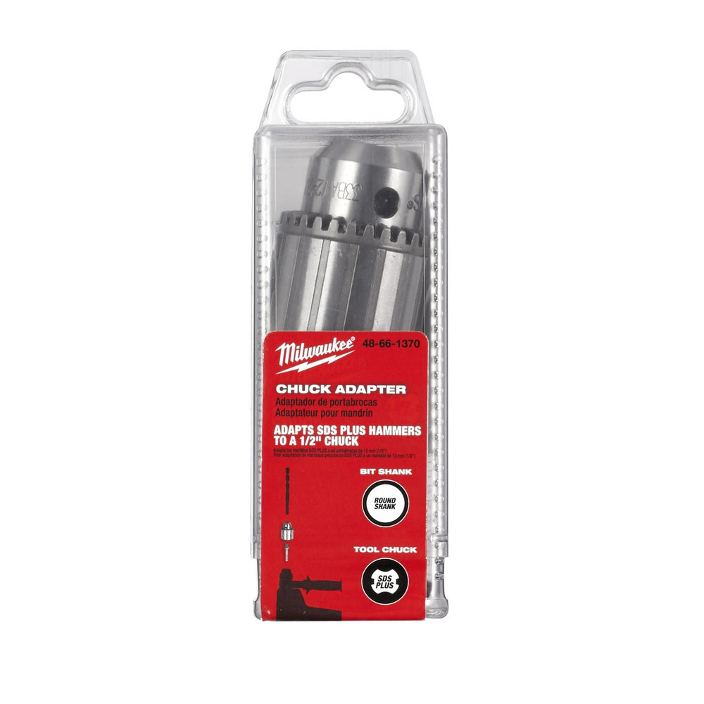 Milwaukee SDS/Chuck Adapter Kit with metal cylindrical adapter in clear plastic clamshell packaging.