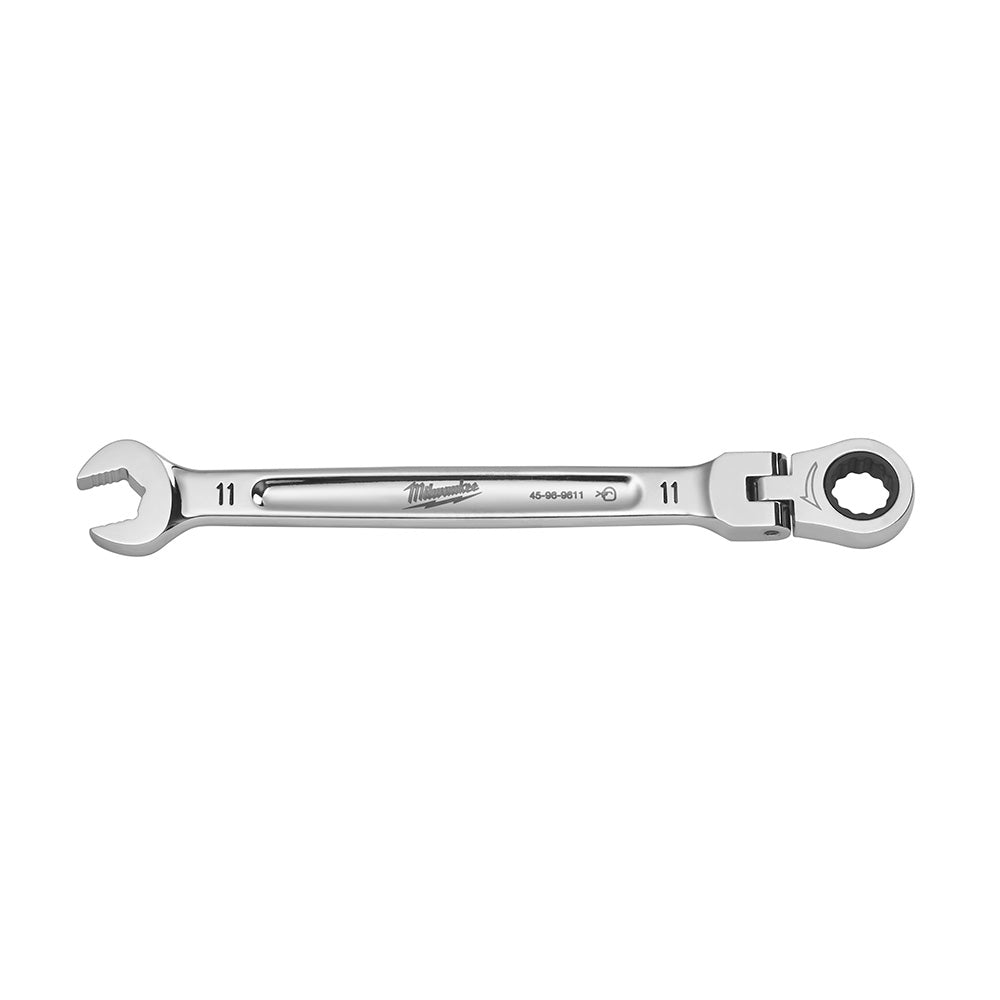 11mm flex head ratcheting combination wrench with open end and ratchet head, Milwaukee brand.