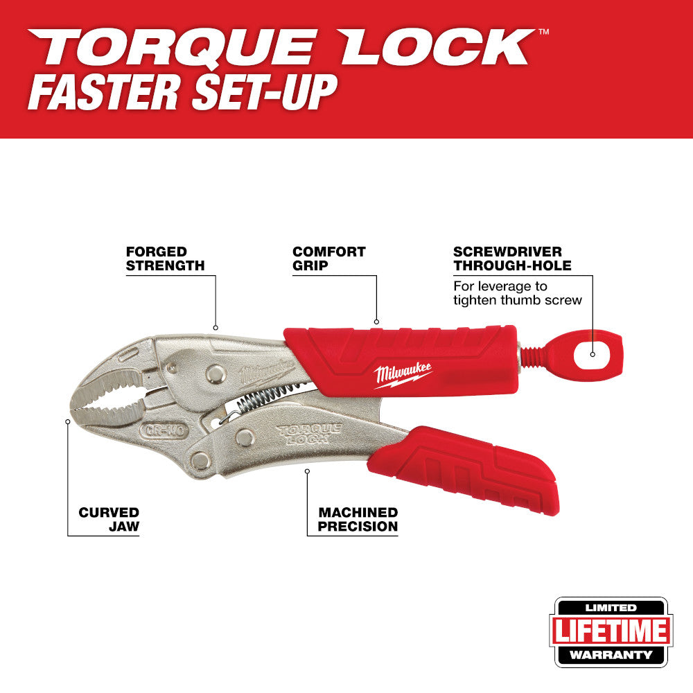 Milwaukee 5-inch curved jaw locking pliers with red comfort grip handles and screwdriver through-hole.