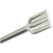 Metal SDS-Max scaling chisel with wide flat head and grooved cutting edge on cylindrical shaft.