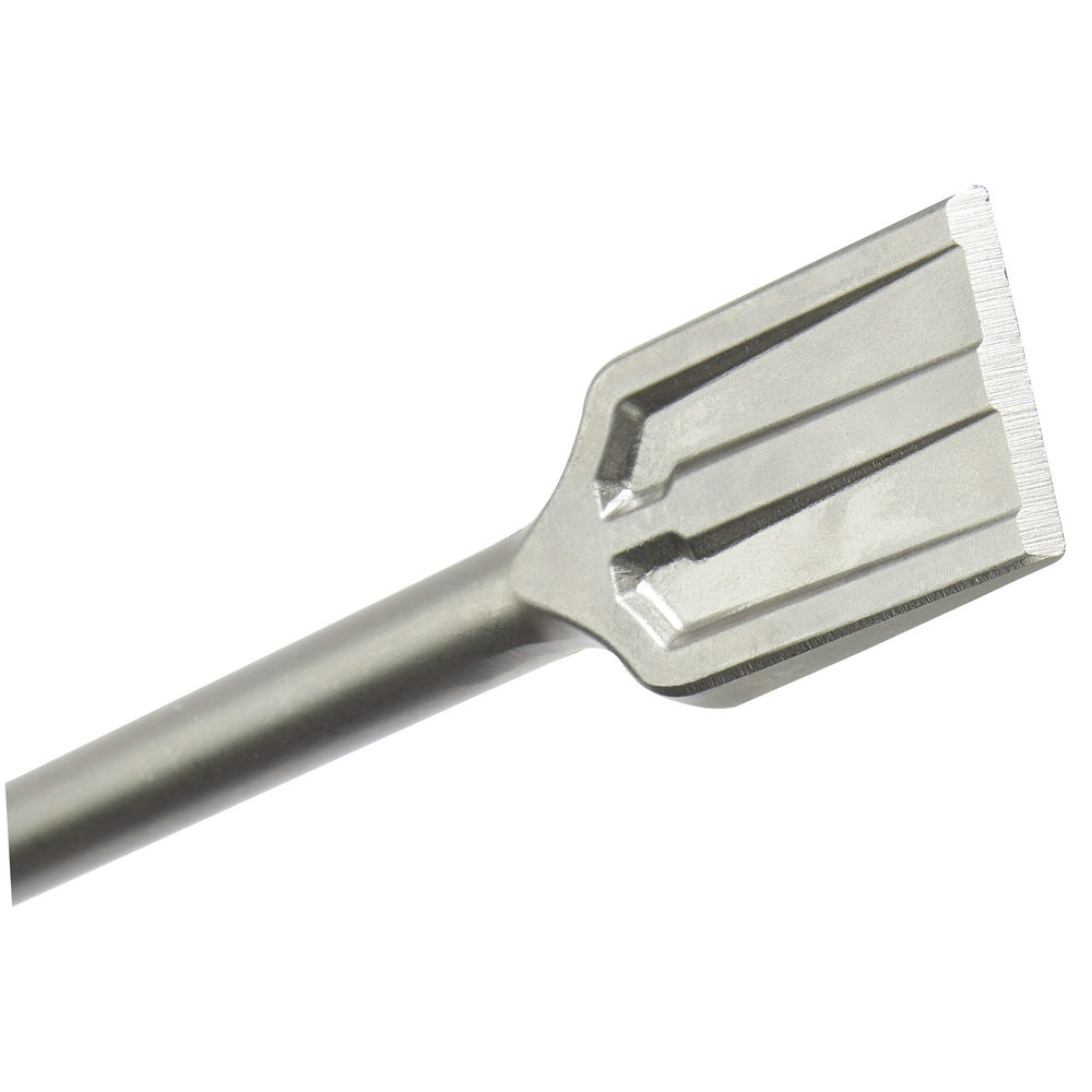Metal SDS-Max scaling chisel with wide flat head and grooved cutting edge on cylindrical shaft.