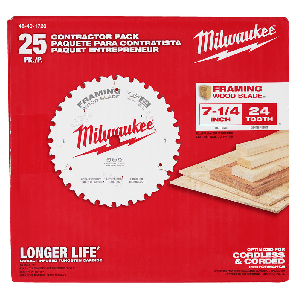 Milwaukee 7-1/4" circular saw blade with 24 teeth displayed on red contractor pack packaging.