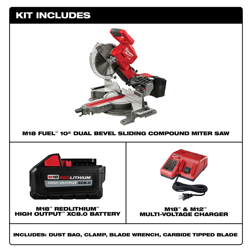 Red and black Milwaukee M18 FUEL 10" dual bevel sliding compound miter saw with battery, charger, and accessories.