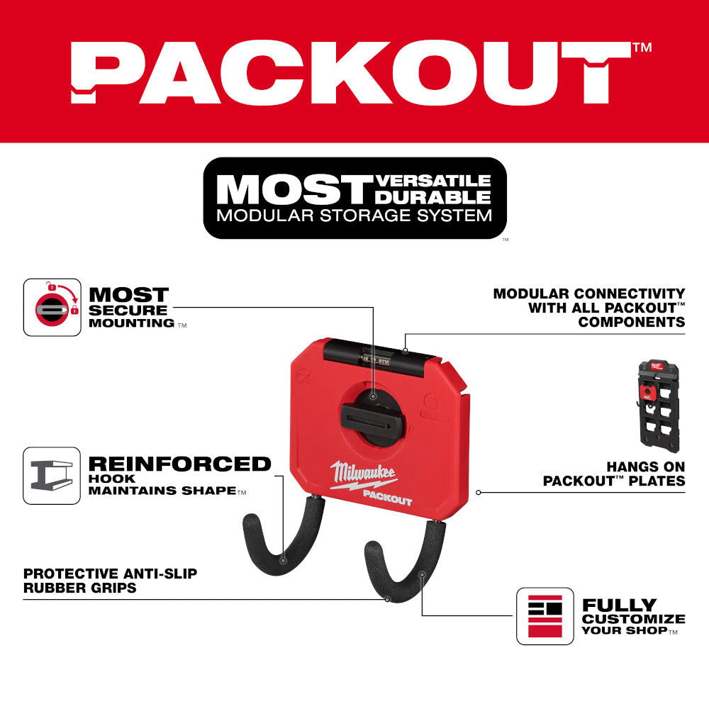 Red PACKOUT curved hook with dual black hooks, rubber grips, and secure mounting system for modular storage connectivity.