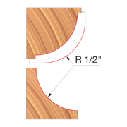 Two wood router cutters with convex and concave cutting edges marked R 1/2".