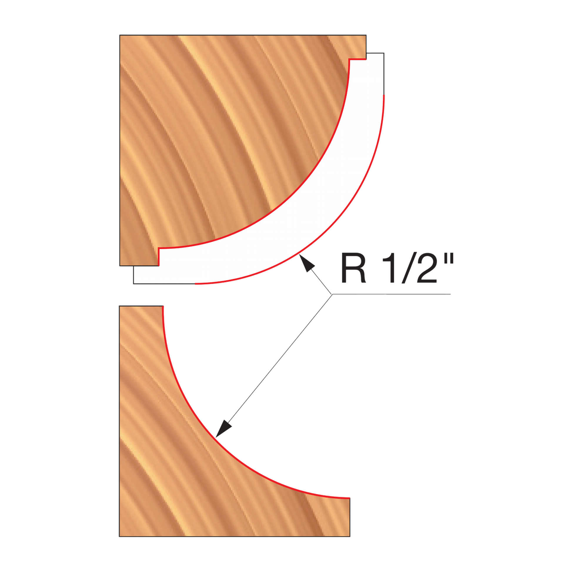 Two wood router cutters with convex and concave cutting edges marked R 1/2".