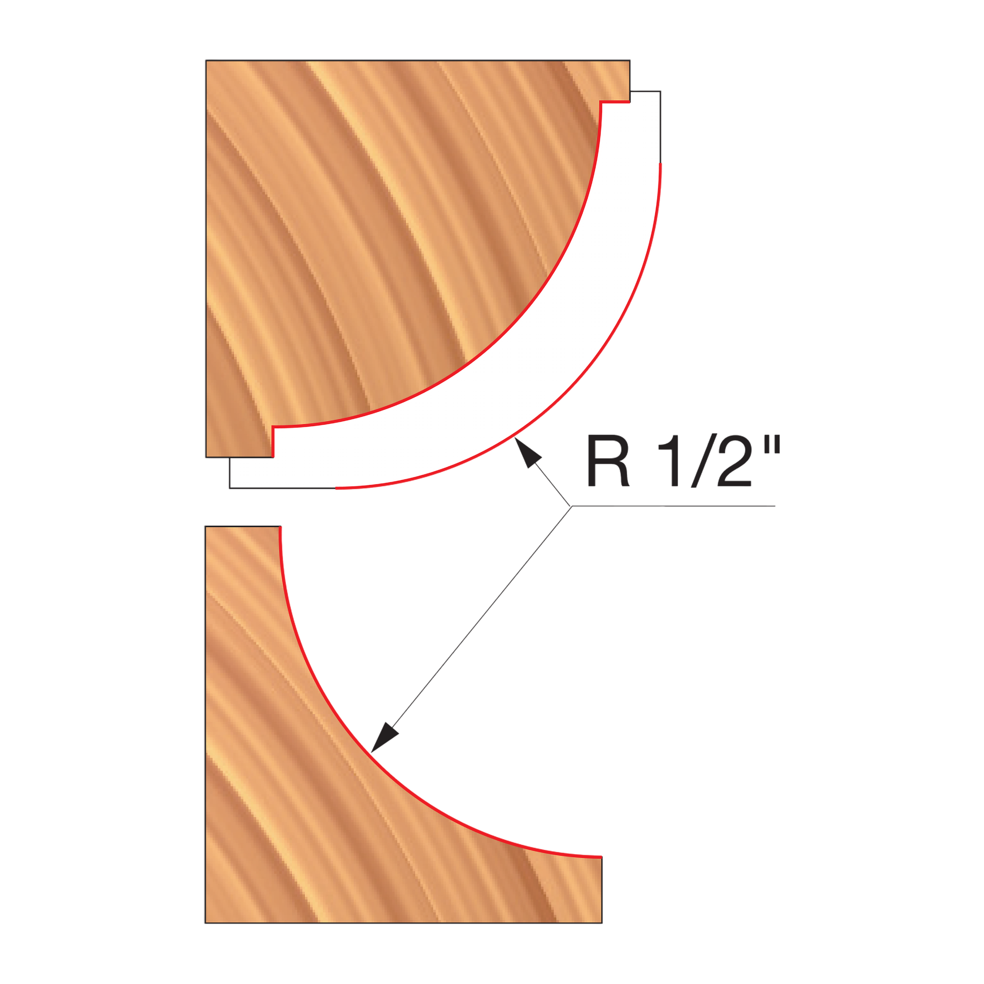 Two wood router cutters with convex and concave cutting edges marked R 1/2".